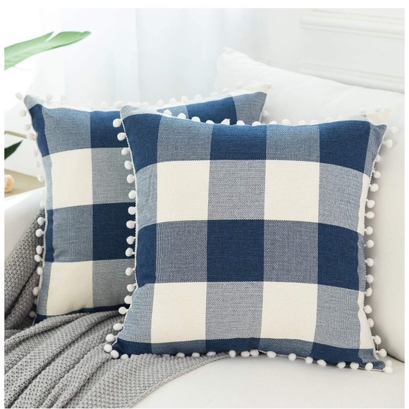 Classic Black/White Gingham Pompom Farmhouse Preppy Throw Pillow Cover Twin Set - Picture 9 of 10